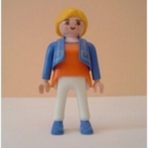 Femme gilet bleu pull orange pantalon blanc Playmobil